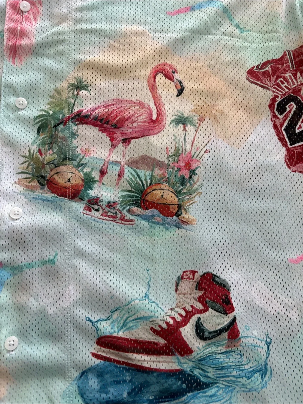 Jordan Mint Tropical Flamingo Button-Down Shirt with Pink Accents